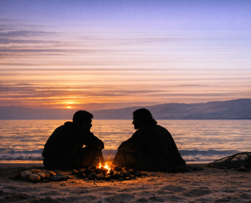 Silhouetted Jesus and Peter sitting by a charcoal fire at dawn on the shore of the Sea of Galilee