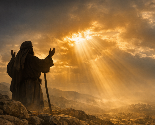 A prophet stands on a rocky hill at sunrise, raising his hands toward golden light breaking through clouds.