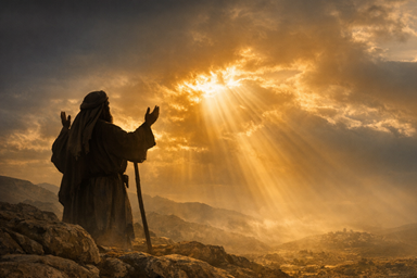 A prophet stands on a rock hill at sunrise, raising his hands toward golden light breaking through clouds.