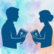 Abstract silhouettes of a man and woman holding Bibles, set against a blue and orange watercolor background.