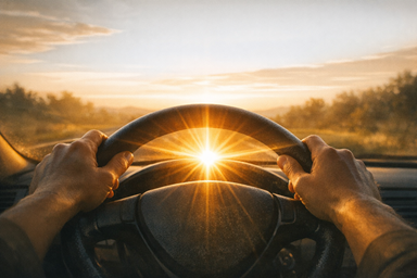 Silhouette of hands holding a steering wheel with sunlight shining