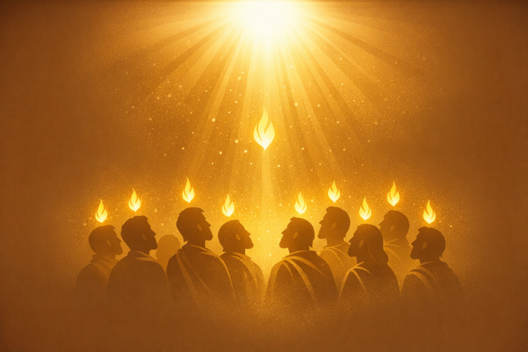 A group of apostles with small golden flames above their heads under a bright descending light, illustrating healing and speaking in tongues in the New Testament.
