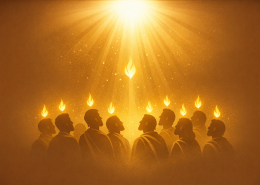 A group of apostles with small golden flames above their heads under a bright descending light, illustrating healing and speaking in tongues in the New Testament.