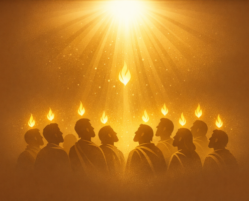 A group of apostles with small golden flames above their heads under a bright descending light, illustrating healing and speaking in tongues in the New Testament.