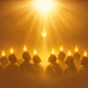 A group of apostles with small golden flames above their heads under a bright descending light, illustrating healing and speaking in tongues in the New Testament.