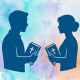Abstract silhouettes of a man and woman holding Bibles, set against a blue and orange watercolor background.