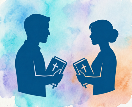 Abstract silhouettes of a man and woman holding Bibles, set against a blue and orange watercolor background.