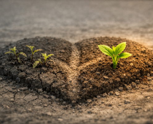 Heart‑shaped patch of soil with small green seedlings growing out of cracked, dry ground