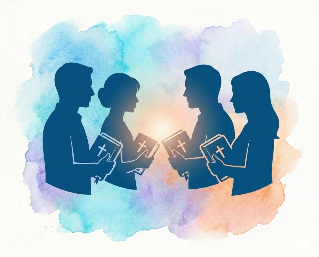 Silhouettes of four men and women standing in a semicircle, each holding a Bible, against a watercolor background.