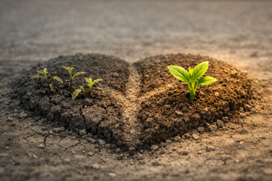 Heart‑shaped patch of soil with small green seedlings growing out of cracked, dry ground