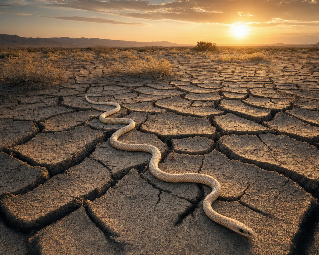 A light-colored snake slithering across cracked, dry earth in warm sunlight.
