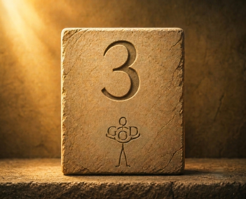 Stone block engraved with the number 3 and a stylized stick figure holding the word GOD, lit by warm light from the upper left.