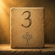 Stone block engraved with the number 3 and a stylized stick figure holding the word GOD, lit by warm light from the upper left.