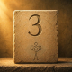 Stone block engraved with the number 3 and a stylized stick figure holding the word GOD, lit by warm light from the upper left.