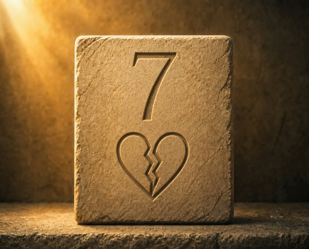 “Stone block engraved with the number 6 and a broken knife, illuminated by warm light.