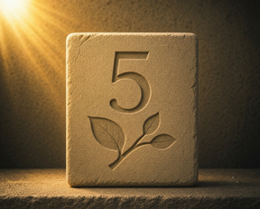 Stone tablet engraved with the number 5 and a carved branch symbol