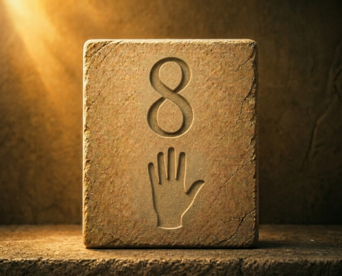 Stone carving of the number eight above a hand symbol