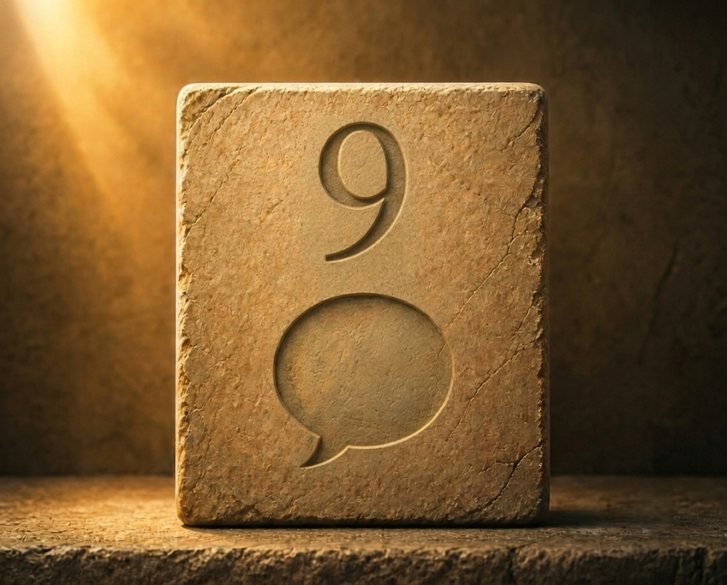 a carved stone block with a large number 9 and a speech bubble symbol, lit by warm light