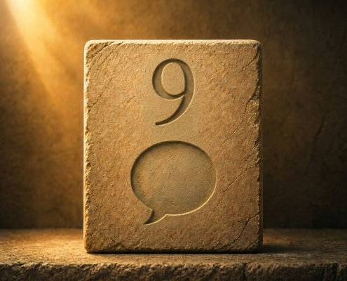 a carved stone block with a large number 9 and a speech bubble symbol, lit by warm light