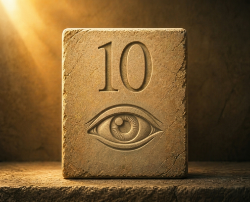 a carved stone block with a large number 10 above an eye symbol, illuminated by warm light