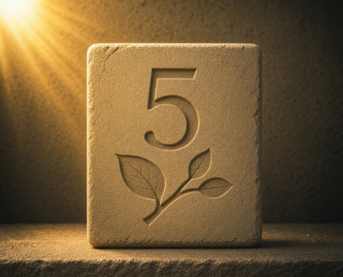Stone tablet engraved with the number 5 and a carved branch symbol