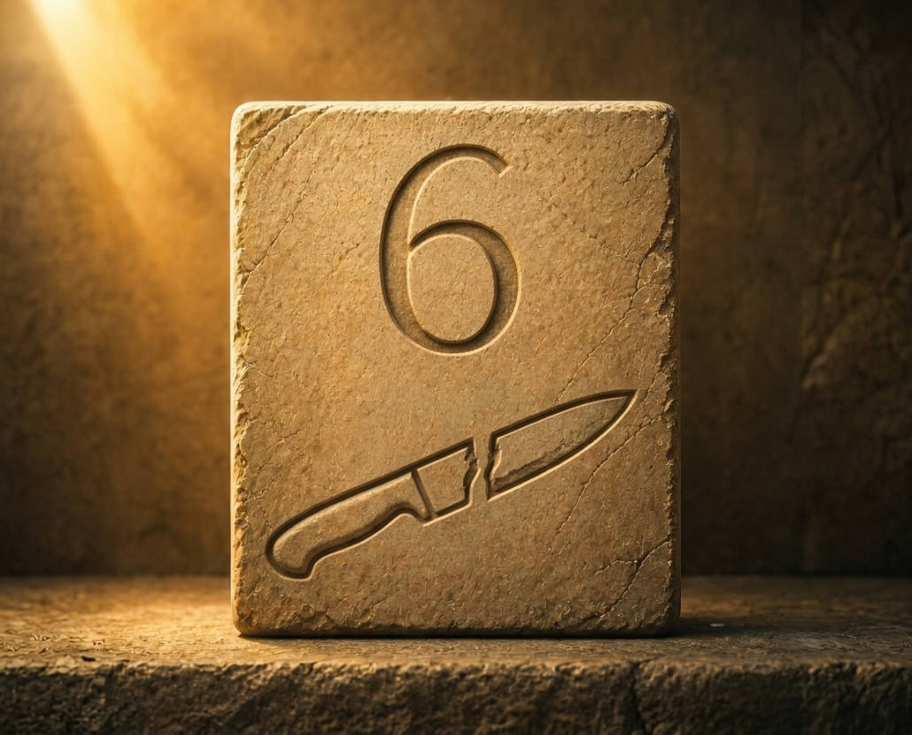 Stone carving of a large number 6 and a broken knife.