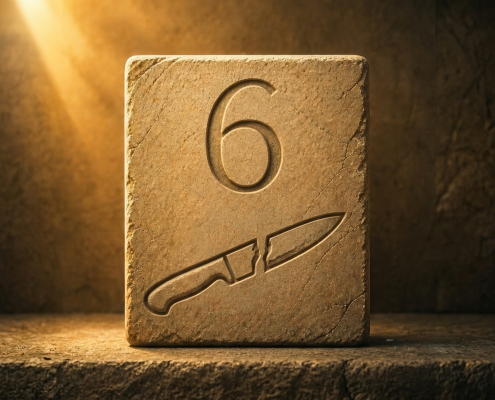 Stone carving of a large number 6 and a broken knife.