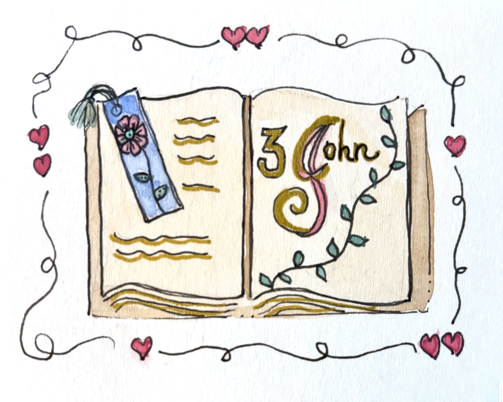 Hand‑painted illustration of the book of 3 John with floral accents and decorative lettering