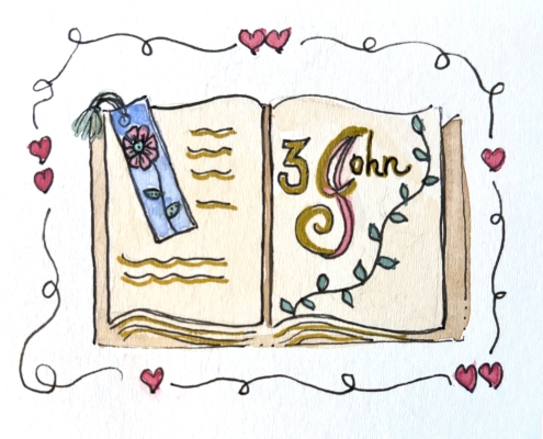 Hand‑painted illustration of the book of 3 John with floral accents and decorative lettering