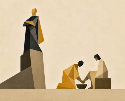 abstract geometric figures, one elevated and one kneeling