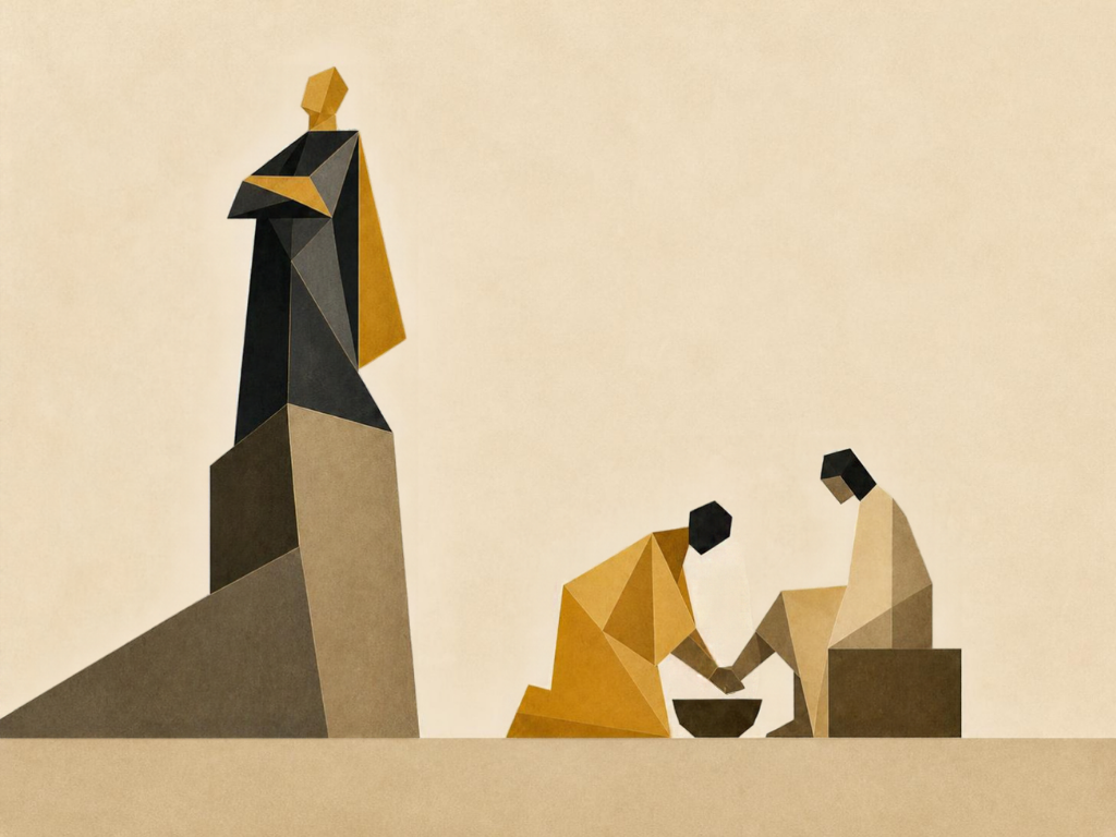 abstract geometric figures, one elevated and one kneeling
