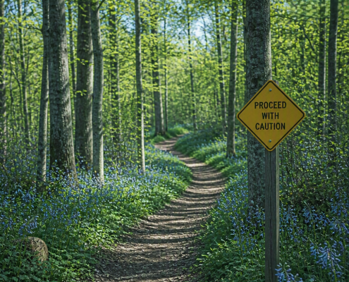 Woodland path in bright natural light with a small caution sign beside the trail.