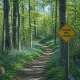 Woodland path in bright natural light with a small caution sign beside the trail.
