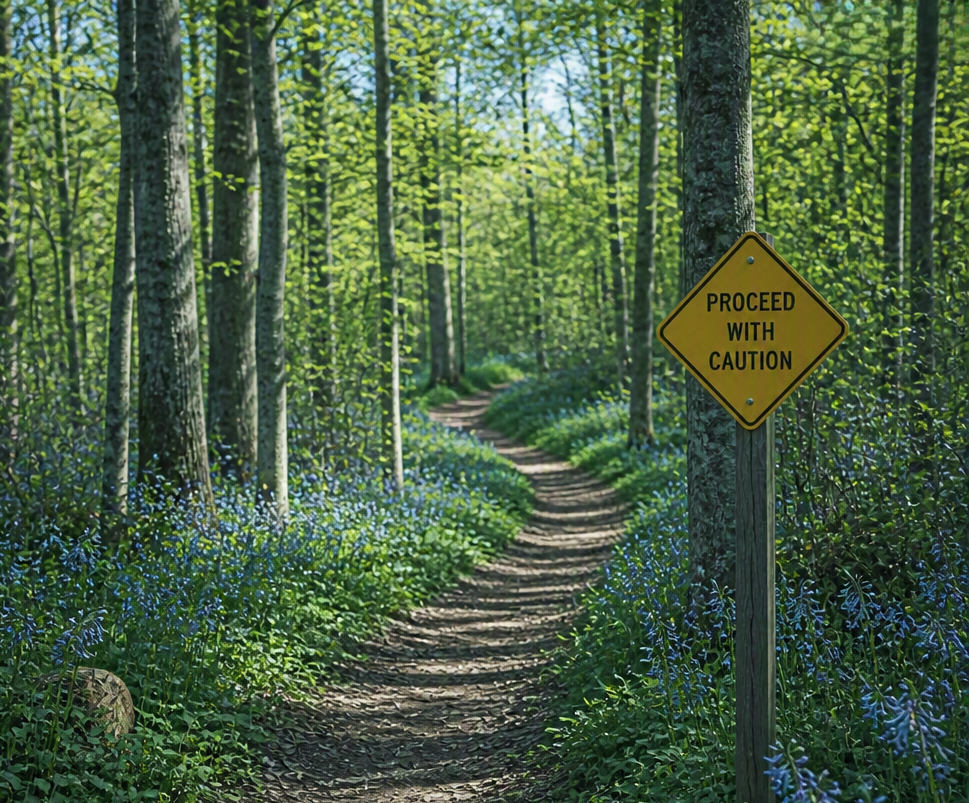 Woodland path in bright natural light with a small caution sign beside the trail.
